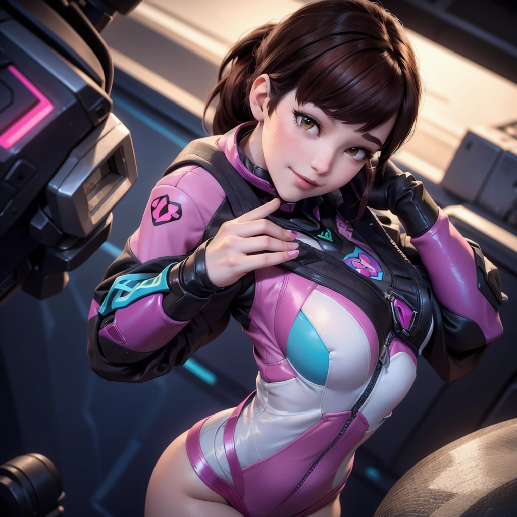 ((DVA from Overwatch)) without her mech, a woman with short brown hair in a (ponytail),she stands in Busan Korea, high quality refelctions, volumetric lighting, she is wearing her classic thin tight figure hugging stretchy pink white and ((blue)) full bodysuit, soft simple plain sport bodysuit, she stands on the street, (1 girl solo), cinematic lighting, high resolution, physically-based rendering, 8k, volumetric lighting, hyperrealistic, detailed facial features, masterpiece, full upper body, city in background, cinematic,((she has very small breasts)), flat breasts , the focus is on her whole body and the environment, cinematic screenshot, you can see the whole environment and her standing on the street, the picture has a very soft look at soft textures, cute smile, her arms are on her side, DVA is posing and does a (peace symbol with her fingers), woman body, no bra, 1 person, 1 head