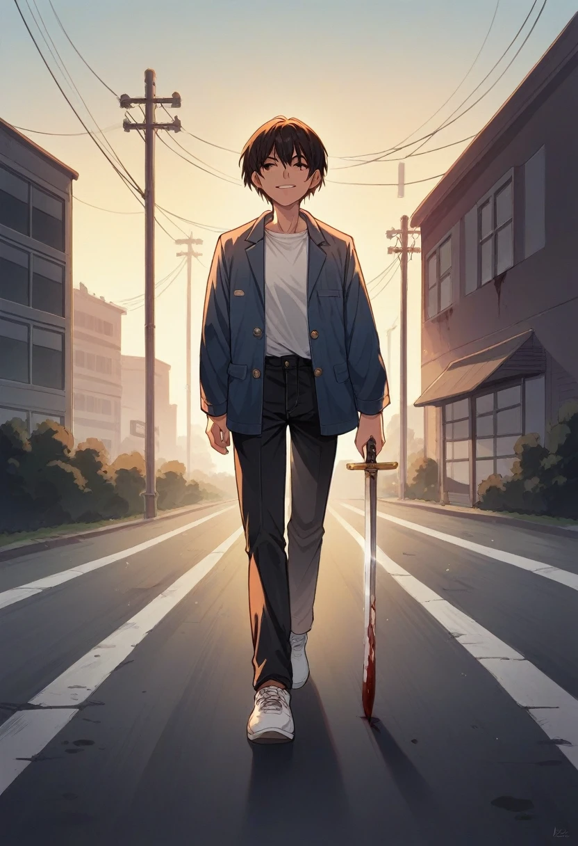 a young asian woman in a white t-shirt, blue denim jacket, black pants, holding a sword with a sharp gaze and a sinister smile, with a red stain like blood on her clothes, classic bob hairstyle, white shoes, walking on asphalt with a destroyed metropolitan city background, professional photography, HD 16k quality, bright lighting, high resolution, dramatic, horror