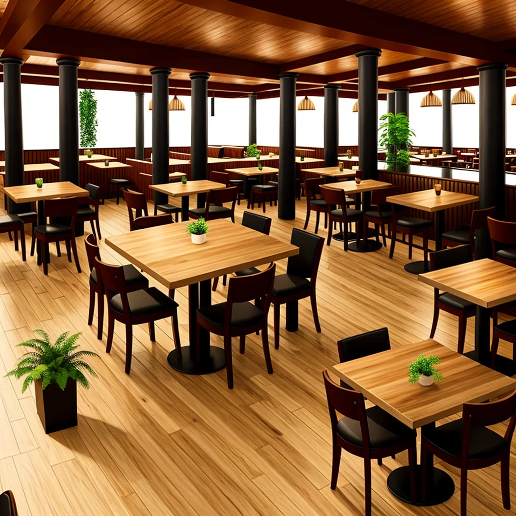 3D graphics, like in a game Interior of the restaurant with three columns in the center, a pair of large tables with soft chairs in light colors and wooden floor and a bar with plants 