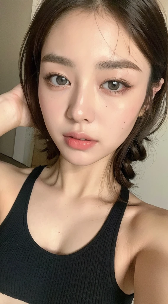 ((Highest quality, 8K, masterpiece :1.3)), One girl, Beautiful woman with slim abdominal muscles :1.3, (Random Hairstyles :1.2), Oversized tank top :1.2, Highly detailed face, Fine grain, double eyelid, Underarm