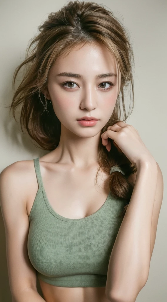 ((Highest quality, 8K, masterpiece :1.3)), One girl, Beautiful woman with slim abdominal muscles :1.3, (Random Hairstyles :1.2), Oversized tank top :1.2, Highly detailed face, Fine grain, double eyelid, Underarm
