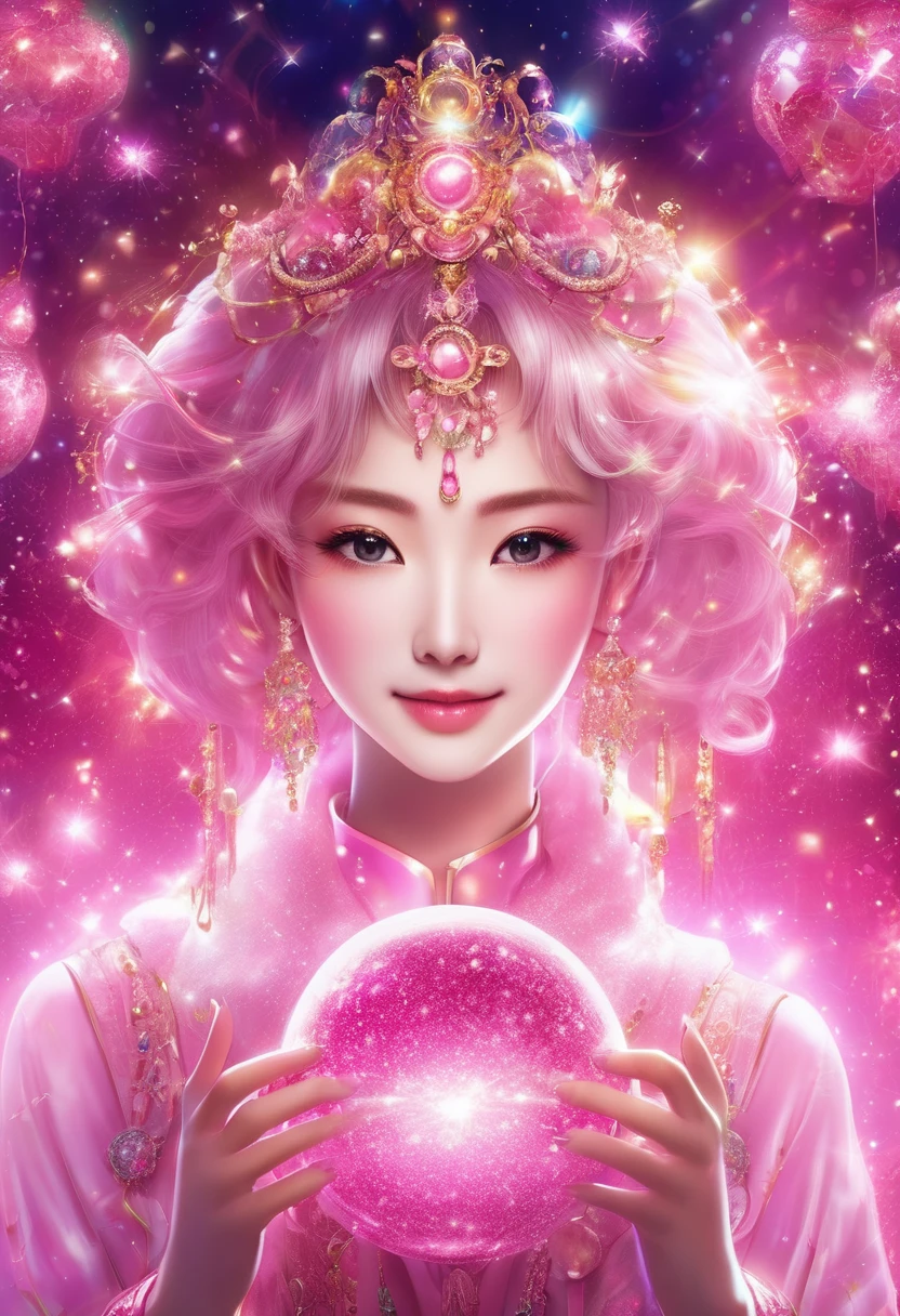 Pink、A shining enchanting deity adorned with jewels、Holding a glowing sphere in your hand　Staring straight into the camera， Beautiful eyes、Attractive smile、Towards the center，Very bright color, Light Particles, The light shines, Musibu, wallpaper、Background glitter pink、