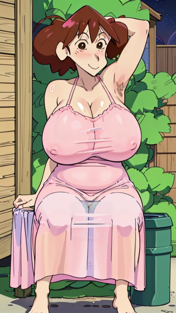 Misae Nohara, (Auntie:1.5), (Mature Woman:1.5), (absurderes, 8K, 4K, masutepiece, hyper extreme detailed:1.2), Best Quality, Perfect Anatomy,Perfect face,High humidity, (Huge breasts:1.7), (A sheer pink nightgown:1.4), (Wet:1.2), (.Alley:1.3), Graffitied wall, Garbage can, Scattered trash, (alone:1.5), (Brown eyes:1.2), (Clothing is revealing:1.2), Exposed shoulders, Torn clothes, Are pregnant, Firm breasts, Upturned nipples, Showing cleavage, Mole on chest, (Thick armpit hair:1.4), (blush:1.2), A kind smile, relief, peace of mind, (maternal:1.3), (Gentle look:1.5), Smiling face, (Outdoor:1.5), (Out:1.3), half closed eyes, naughty face, Sitting in a chair, spread legs, (peeing:1.2), spread pussy