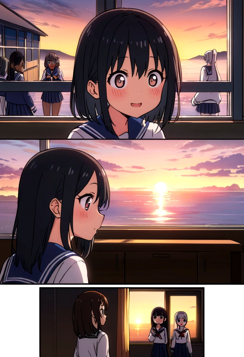 Highest quality、high resolution、Detailed Description、Detailed Background、Accurate depiction、animeスタイル、anime、Four Girls、More than one person、元気なFour Girls、Dark Skin、Sailor suit、School、classroom、Chat、chatting、Black Short Hair、Big eyes、cute、Sunset、The window overlooks the harbor and the sea.