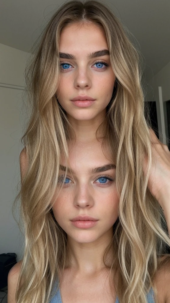 pretty blonde model, Long wavy hair, blue eye, dark eyebrows, majoritée du corps