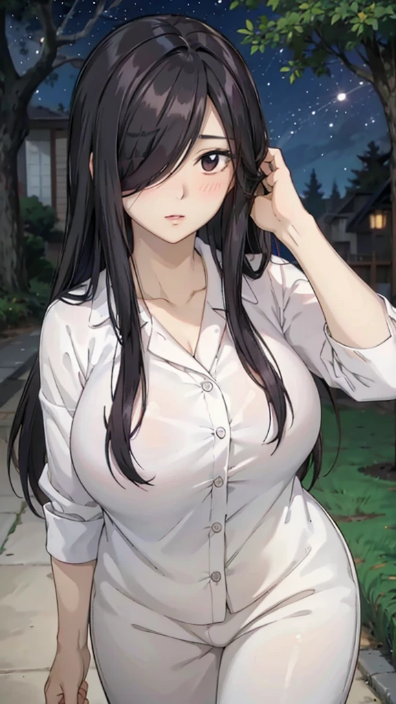 Cute mommy, mature women, realistic skin,perfect ,black hair, long hair, (hair over one eye:1.4), messy hair, hair between eyes, pajama, chubby,plump,fat,pucker lips,cute shy blush on, under tree,night