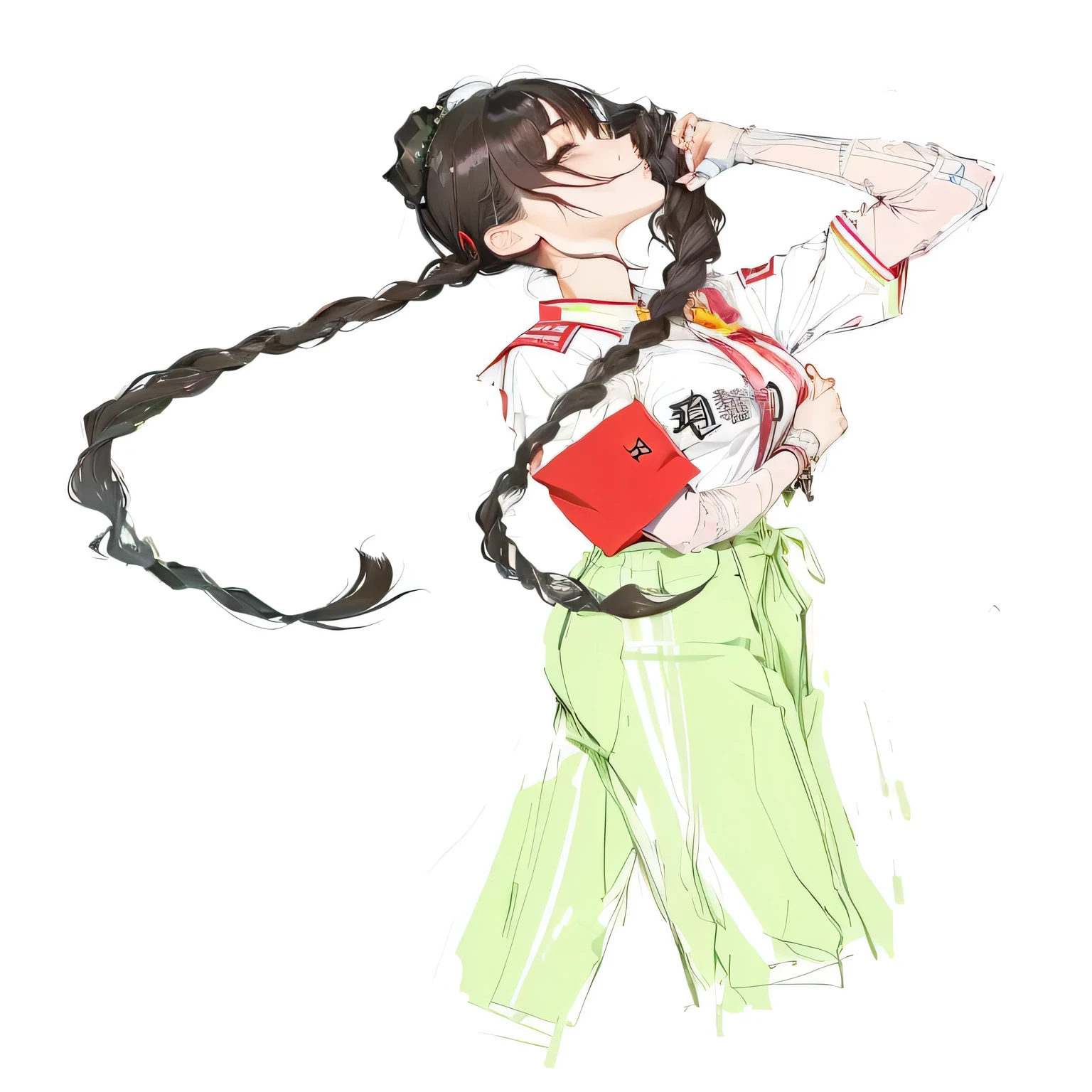 There is a painting,The painting shows a female student wearing a red armband, Hand holding brown registration document,Color drawing, Anime style, Line Drawing!!, vanellope von schweetz, Japan Anime style, yandere. High target, posture(Raise your arms + Happy), Anime style, Inspired by Gao Qipei, inspired by Gao Xiang, yandere, Anime style only, Anime Characters