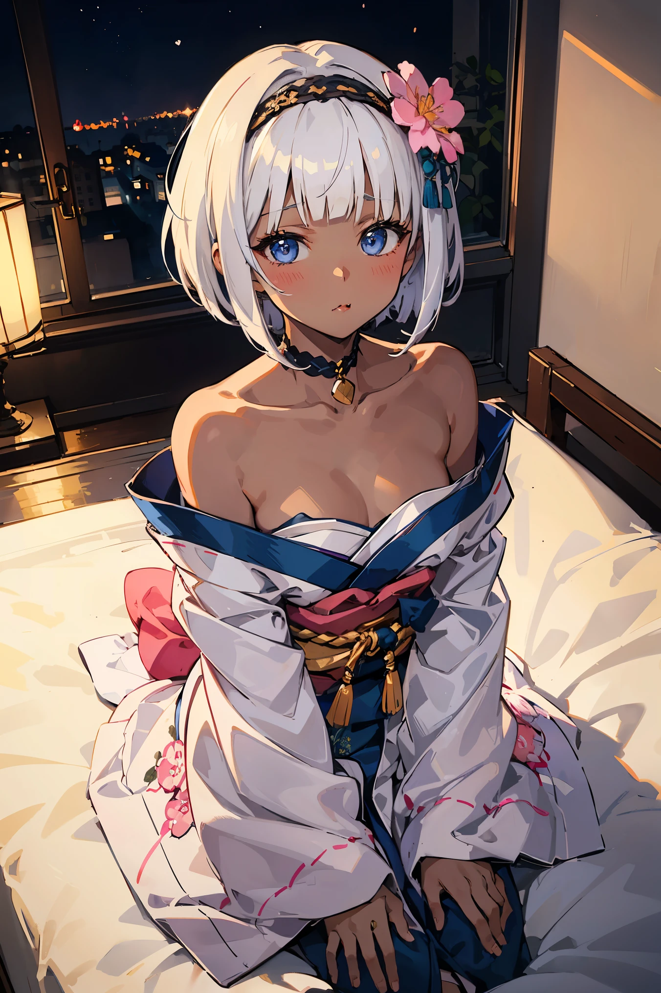 One Woman、 (((dark skin))), Beautiful silver hair、((((Very short hair))))、French braids、skyblue eyes、Beautiful Eyes、(hair band)、(((Blunt bangs))), ((Medium Chest)), Off the shoulder、24-years-old、Tight waist, night、Luxurious Japanese-style room、On a luxurious futon、frog-sit on the floor、((Pink long-sleeved kimono))、Long flower hair ornament、Pout your lips、closed eyes, blush、Embarrassing、heart-shaped pupils、Looking up at the viewer、from the front、headshot, Face Focus、