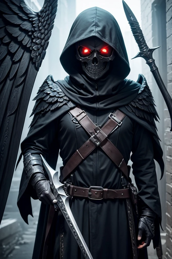 Skull face angel wings weapon spear wizard hood