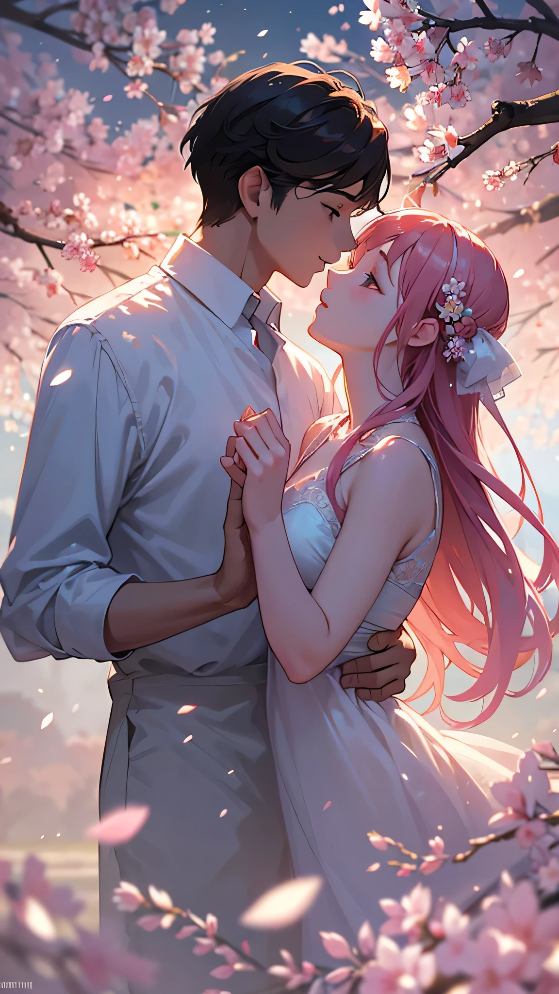 Expansive photos，（look from down，Above is the sky，Below are open fields），[(Anime images of men and women)+(Kiss in the wind)]，（moon full：0.9），（Starcloud：1.1），Far Mountain, Peach blossom tree，（Warm light source：1.2），Lots of purple and orange，detail-rich，plethora of colors，dream magical，magical --auto