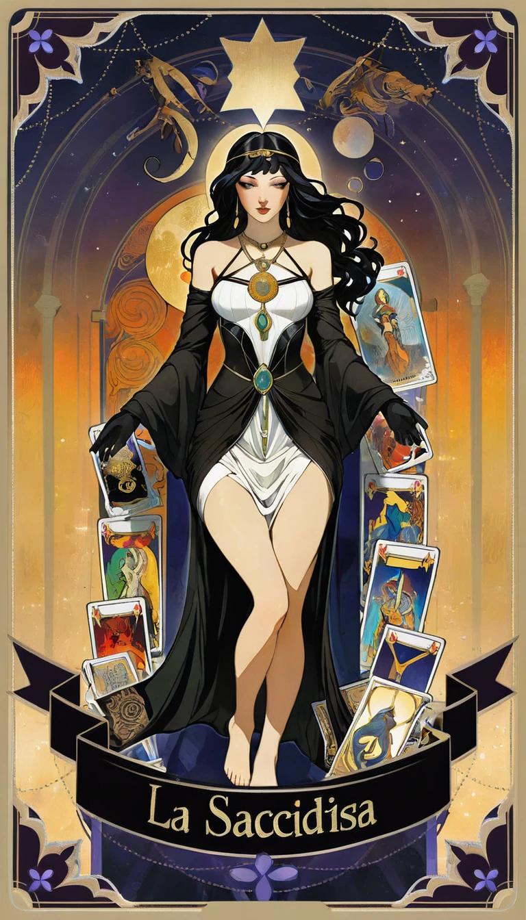 tarot card, the priestess, woman between two columns, one white column and one black column, FULL frames of tarot cards ((text on card: "LA SACERDOTISA")) (by dave mckean, intricate details, oil). bright colors, oil paint)
