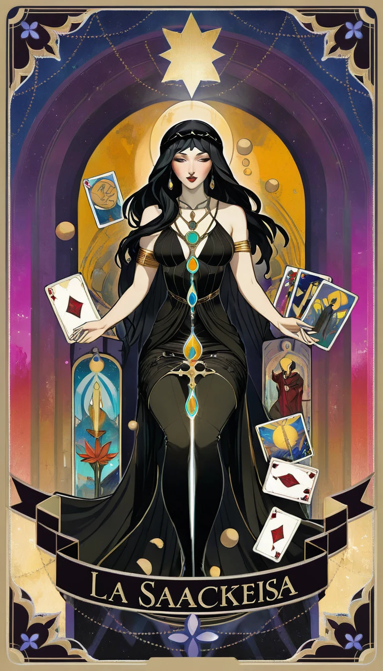 tarot card, the priestess, woman between two columns, one white column and one black column, FULL frames of tarot cards ((text on card: "LA SACERDOTISA")) (by dave mckean, intricate details, oil). bright colors, oil paint)
