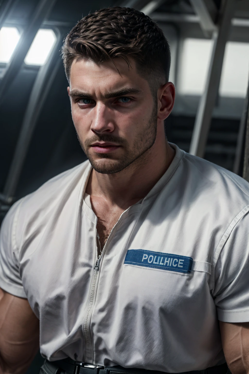 Portrait, Detailedface, ultra realistic, best quality, masterpiece, (perfect face, perfect eyes), RAW photo, 8k uhd, dslr, soft lighting, film grain, ultra detailed, texture detailed, Fujifilm XT3, mature muscular hunk, undercut hair, extremely short hair, police uniform, belt