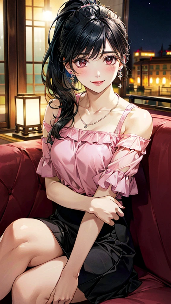 (masterpiece:1.3, Highest quality, Ultra-high resolution, Super detailed), (Realistic, photoRealistic:1.4), Beautiful illustrations, Perfect lighting, colorful, Depth of written boundary,
Beautiful detailed hair, Beautifully detailed face, Beautiful fine details, Beautiful clavicle, Beautiful body, 美しいLarge Breasts, Beautiful thighs, Beautiful feet, Beautiful fingers,
View Viewer、Front view:0.6, Beauty1人, Japanese, Beauty、30 years old, Perfect Face, (Perfect Anatomy, Anatomically correct), Cute and symmetrical face, Baby Face, , Shiny skin,
(Pink cold shoulder blouse:1.4),((Long skirt 1.5)), (pumps:1.2)
(Black Hair, ponytail:1.4), braided bangs、Dark brown eyes, (Large Breasts), Slim body,
necklace, (Small earrings:1.3),
(Beautiful views), (night), (Cafe), sofa、 ( Crossing your legs), A soft smile、(Smile, Lips parted),