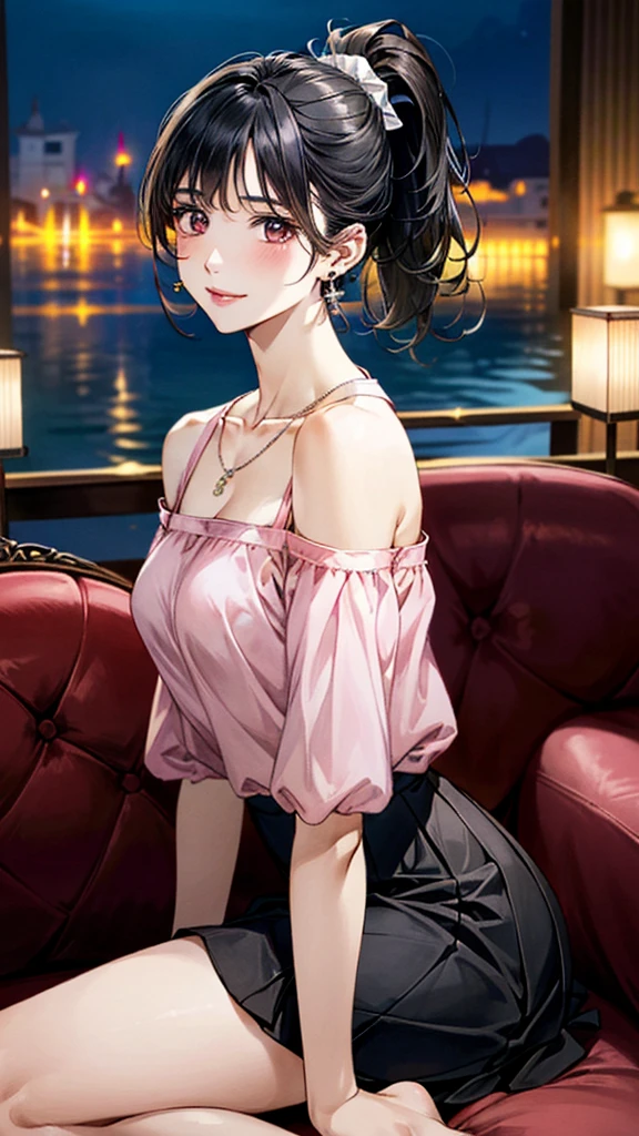 (masterpiece:1.3, Highest quality, Ultra-high resolution, Super detailed), (Realistic, photoRealistic:1.4), Beautiful illustrations, Perfect lighting, colorful, Depth of written boundary,
Beautiful detailed hair, Beautifully detailed face, Beautiful fine details, Beautiful clavicle, Beautiful body, 美しいLarge Breasts, Beautiful thighs, Beautiful feet, Beautiful fingers,
View Viewer、Front view:0.6, Beauty1人, Japanese, Beauty、30 years old, Perfect Face, (Perfect Anatomy, Anatomically correct), Cute and symmetrical face, , , Shiny skin,
(Pink cold shoulder blouse:1.4),((Long skirt 1.5)), (pumps:1.2)
(Black Hair, ponytail:1.4), braided bangs、Dark brown eyes, (Large Breasts), Slim body,
necklace, (Small earrings:1.3),
(Beautiful views), (night), (Cafe), sofa、 ( Crossing your legs), A soft smile、(Smile, Lips parted),