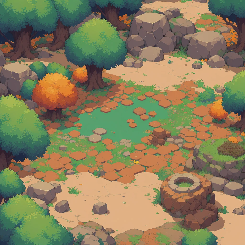 retro video game style,pixelated graphics,vibrant colors,8-bit characters,blocky shapes,sharp lines,detailed shading,classic gaming vibe,nostalgic atmosphere,classic arcade games,masterpiece:1.2,ultra-detailed,illustration style, 2d texture, clay texture, stone texture, 4 k seamless mud texture, video game texture, dirt texture, tileset, game tiles, clay material, flat texture, grass, trees, rock texture, rocky ground, forest, topdown view, game texture, game art, ground very detailed, dirt, floor texture, tileable texture, flowers, bushes, shrubs, intricate ground stone, top down view, 3/4th perspective