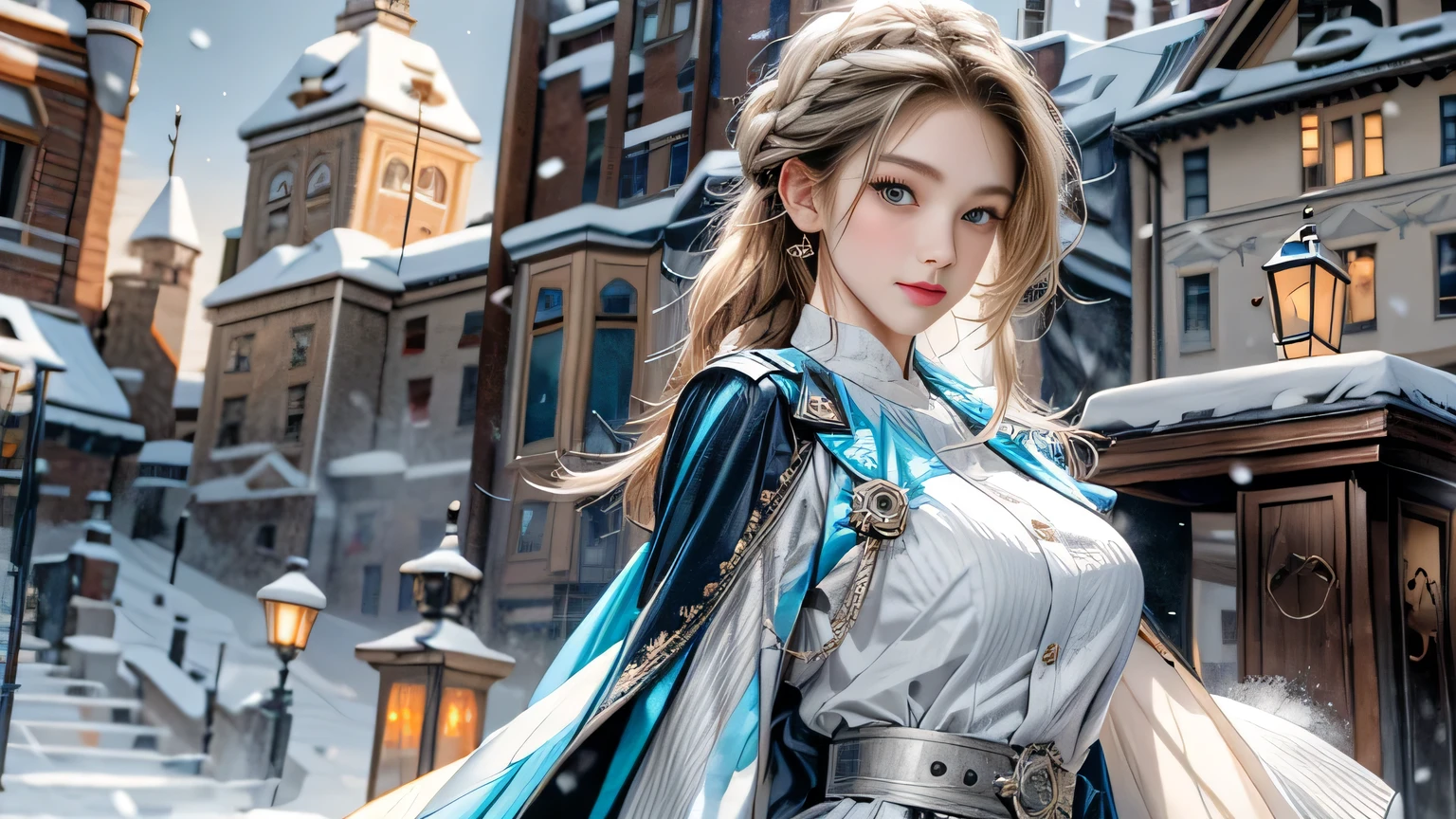 (highest resolution, distinct_image), realistic, Best quality, single person, one girl, solo, masterpiece, highly detailed, realistic, long hair, braided white blond hair, (blue military uniform underneath the coat), depth of field, outdoor background, (falling snow), ((big breasts)), authoritative, dignified, calm and powerful expression, ambient lighting, exquisite facial feature, (fur-trimmed white coat), open coat, short skirt, looking at viewer, head to waist, ((castle terrace)), background: 1.2, dynamic angle, light smile, detailed background, ((from front)), full body