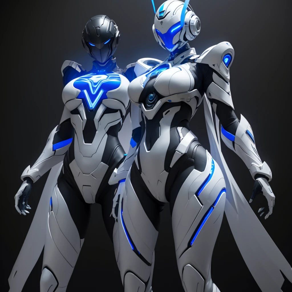Dronificated unknown woman in a fully enclosed white latex fullbody suit with blue lights across the suit and star shaped glowing core in the chest, fully enclosed cyber helmet that cover her whole face and hides her identity with only two glowing blue lines in it's otherwise, empty black face, huge breast, narrow waist, wide hips and thick thigs, in a storage, no face, no hair, no mouth, no eyes