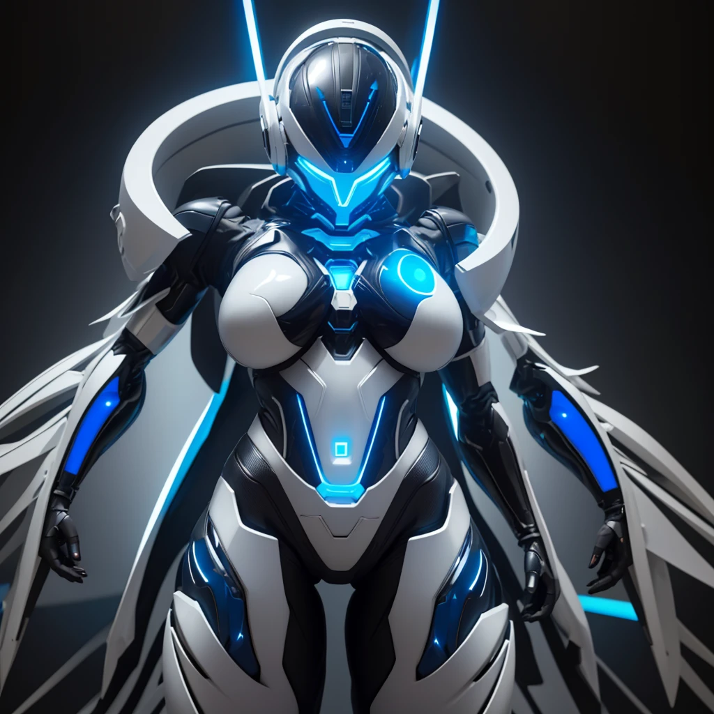 Dronificated unknown woman in a fully enclosed white latex fullbody suit with blue lights across the suit and star shaped glowing core in the chest, fully enclosed cyber helmet that cover her whole face and hides her identity with only two glowing blue lines in it's otherwise, empty black face, huge breast, narrow waist, wide hips and thick thigs, in a storage, no face, no hair, no mouth, no eyes
