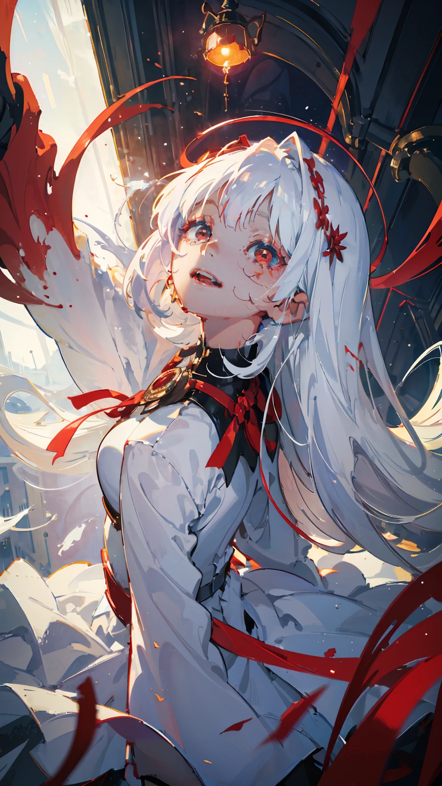 (woman\(A blood-red, dark angel halo is on his head., Angel Girl,Pure white hair,Red eyes, Pure white skin, White costume,The girl is smiling with her mouth open,A dark red liquid drips from its mouth and eyes.,Crazy smile,Monster,Monster mouth,\) pure white world、Looking up at me, (I&#39;m in the beautiful outdoors, Black octopus tentacles,Horror, mysterious, (Spooky background),quality\(8K,非常に精細なCGユニットのwallpaper, masterpiece,High resolution,top-quality,top-quality real texture skin,Surreal,Increase the resolution,RAW Photos,最高quality,Very detailed,wallpaper,Cinema Lighting,Ray-tracing,Golden Ratio\),Long Shot,Overall, it looks ephemeral.,The depiction range is from the waist up,qualityの高い顔の描写,High-resolution facial depiction,ephemeral,Low saturation, Girl,1 person