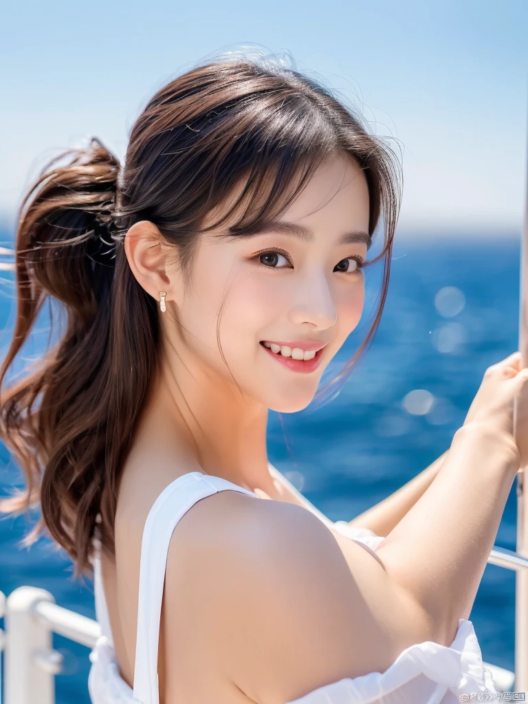 (8K, Raw-Foto, best quality, perfect body, masterpiece:1.2),(realisti, foto realisti:1.4),(Hochdetailliertes CG Unity 8K-Hintergrundbild),(round face: 1.5),Beautiful woman on sailing yacht , trägt einen seyx 比基尼, whole upper body, 比基尼, medium breasts, medium-sized well-formed breasts,ponytail hairstyle, pretty colorful long hanging earrings,(boy, but very beautiful 2o-year-old Korean, pretty eyes, stylish Bibini, ponytail, short hair, little smile,Looking forward,looking at the camera,Unforgettable eyes,The eyes are so beautiful., sailboat on the sea