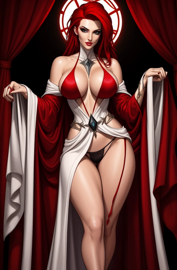 sorceress. sexy white robe, black panties, red hair, blank background