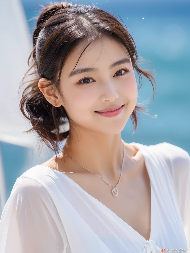 (8K, Raw-Foto, best quality, perfect body, masterpiece:1.2),(realisti, foto realisti:1.4),(Hochdetailliertes CG Unity 8K-Hintergrundbild),(round face: 1.5),Beautiful woman on sailing yacht , trägt einen seyx 比基尼, whole upper body, 比基尼, medium breasts, medium-sized well-formed breasts,ponytail hairstyle, pretty colorful long hanging earrings,(boy, but very beautiful 2o--old ean, pretty eyes, stylish Bibini, ponytail, short hair, little smile,Looking forward,looking at the camera,Unforgettable eyes,The eyes are so beautiful., sailboat on the sea