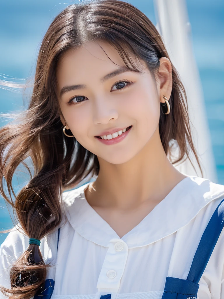 (8K, Raw-Foto, best quality, perfect body, masterpiece:1.2),(realisti, foto realisti:1.4),(Hochdetailliertes CG Unity 8K-Hintergrundbild),(round face: 1.5),Beautiful woman on sailing yacht , trägt einen seyx 比基尼, whole upper body, 比基尼, medium breasts, medium-sized well-formed breasts,ponytail hairstyle, pretty colorful long hanging earrings,(boy, but very beautiful 2o-year-old Korean, pretty eyes, stylish Bibini, ponytail, short hair, little smile,Looking forward,looking at the camera,Unforgettable eyes,The eyes are so beautiful., sailboat on the sea
