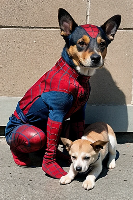 A dog dressed as Spiderman with his puppies by his side