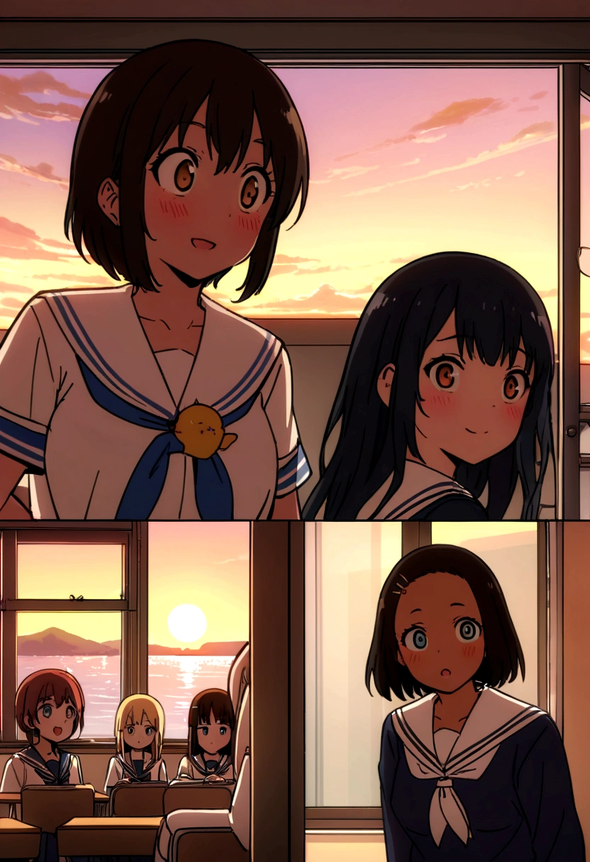 Highest quality、high resolution、Detailed Description、Detailed Background、Accurate depiction、animeスタイル、anime、Four Girlore than one person、元気なFour Girls、Dark Skin、Sailor suit、School、classroom、Chat、chatting、Black Short Hair、Big eyes、cute、Sunset、The window overlooks the harbor and the sea.