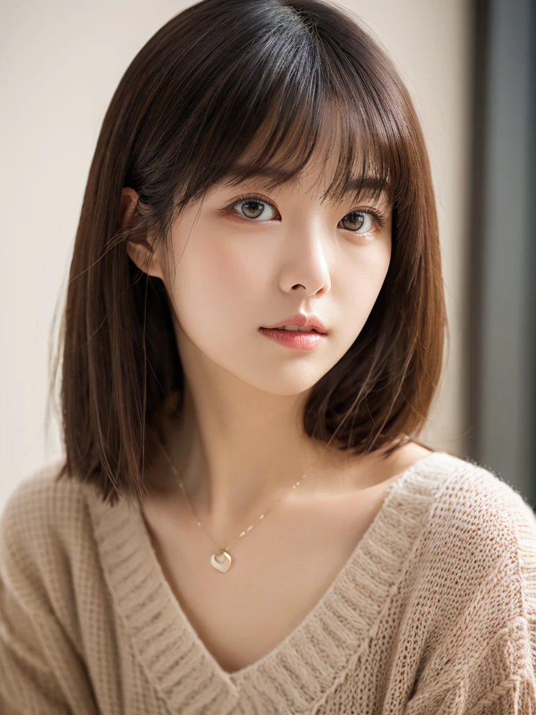 (Highly realistic photos, High resolution, Detailed face, Fine grain), ((Photographed in front of a white wall))、Japanese women, 20-year-old, A variety of expressions, alone:1, Slim figure, Various hairstyles, Casual clothing, 写真の中でalone、Selfie、Photographed in natural light、Simple Necklace、Spring Clothes、Looking at the camera、profile、Dark brown hair color