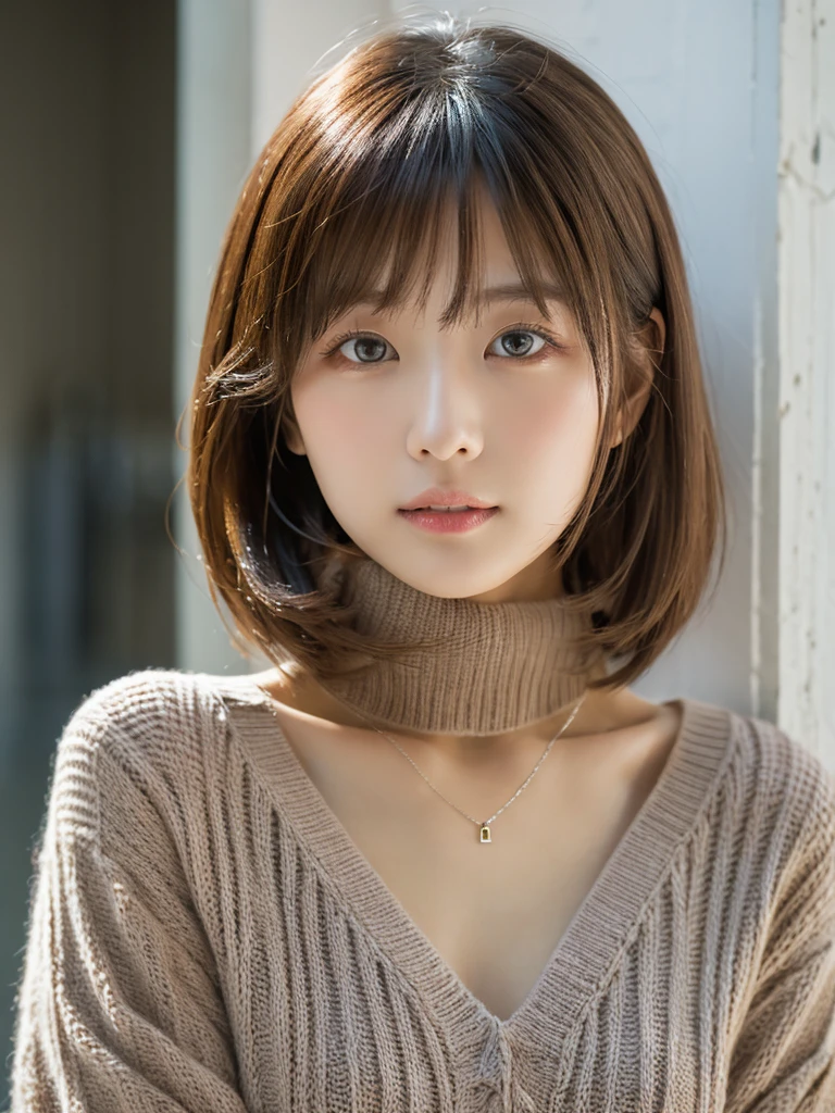 ((Tabletop,Highest quality)), (Like the picture:1.4),((Tabletop,8K))、White wall、(White Room)、((Full body photo))、Photographed in natural light、Highly detailed face and skin texture、Highly detailed lips、The correct state of the human body、Ultra-high resolution、(Photorealistic:1.4)、Highest quality, One beautiful woman, 28 years old, S, 100mm lens、Light Yellow Knit、(Dark brown medium short hair)、Japanese women、(Dark brown hair)、Various poses、Looking into the camera、Natural color lip、Winter clothes、 necklace、indoor