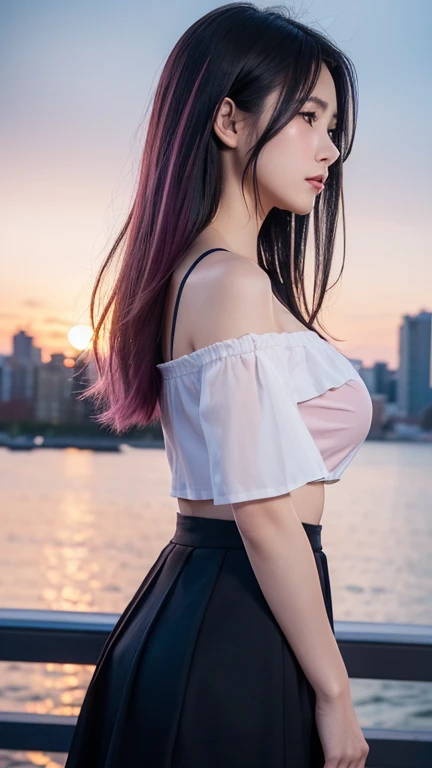 ((Highest quality)),((最high resolution)),((high resolution)),((detailed)),((High definition)),((8K)),((Perfect body)),((Perfect Face)),((Realistic)),((Real)),((Realistic)),((Beauty)),Wharf、Outdoor、night、City、night景、Black Hair、((Only the tips of the hair are pink))、Straight long hair、Very dense makeup、((Black clothes))、Black ruffled off-shoulder top、Slanted Eyes、White Skirt、(big breasts:1.1)、profile、View from the left side、A melancholic look、((profile))、Gazing at the Sea、Take a look at this for a bit