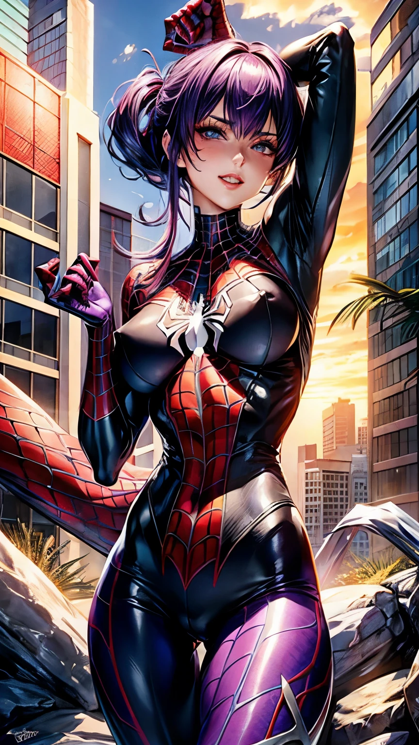 Female spiders,Spider-Man(10.0),Purple(5.0),Tights,侠Tights,(venom),((Spiderman ))A beautiful woman,whole body,Bright Eyes,Purple眼睛,Huge breasts(2.0),Prominent nipples,Deep cleavage,Exquisite face,A charming smile,Knight Clothing(10.0) venom,Spiderman (20.0),White Symbols