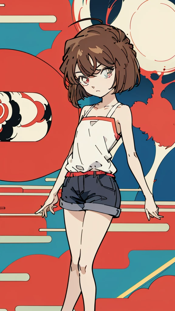 anime style, (1girl in, Solo:1.0), (Haibara Ai), ((Short pants)), (((Big eyes))), (Cute anime girl head), (flat chest),looking at viewer,With a height of 100cm, shoot from front, (head shot), Simple line minimalism, Abstract Art, City background, anime opening movie