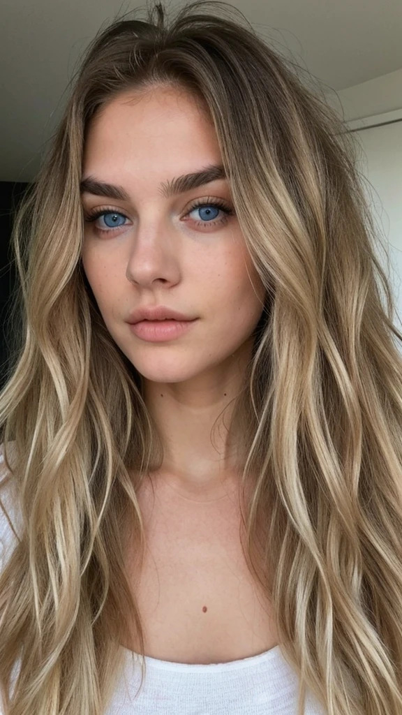 pretty blonde model, Long wavy hair, blue eye, dark eyebrows, sexy