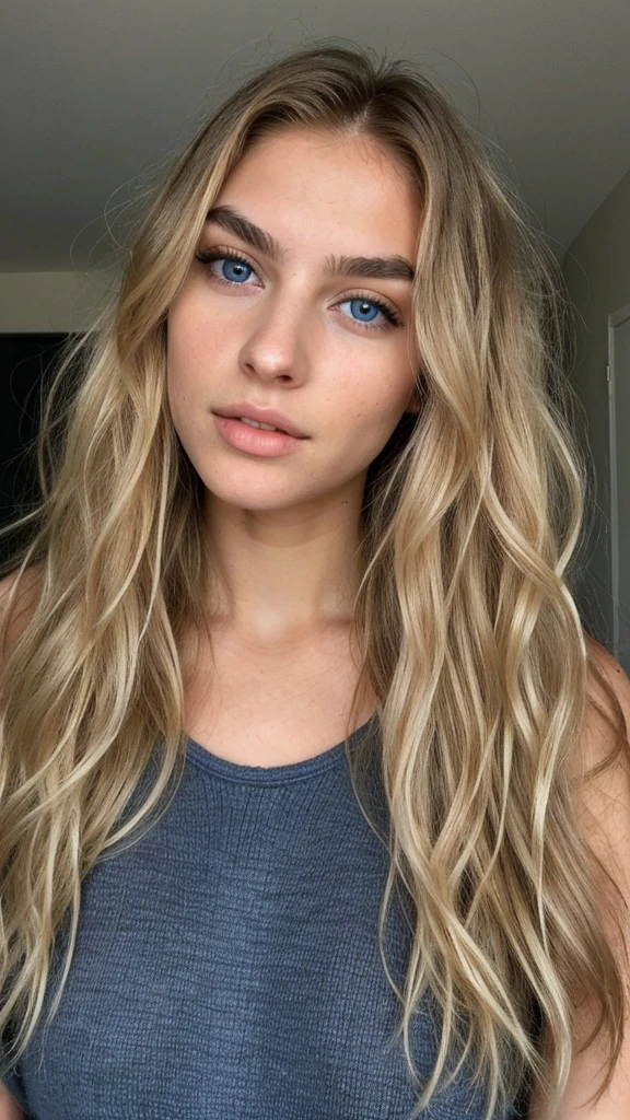 pretty blonde model, Long wavy hair, blue eye, dark eyebrows, sexy