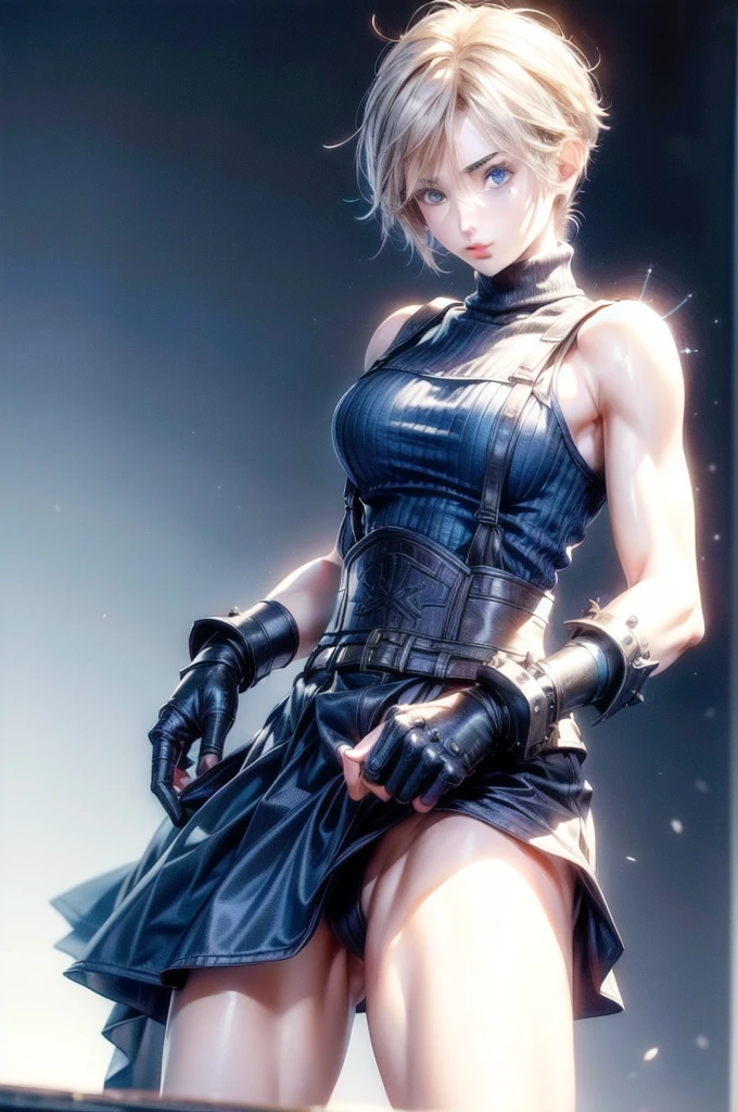 (masterpiece, best quality:1.2), expressive eyes, perfect face, highres, 1 girl, solo, (female:1.5), strife, short hair, shoulder armor, sleeveless turtleneck, suspenders, belt, gloves, bracer, standing, portrait, looking at viewer,