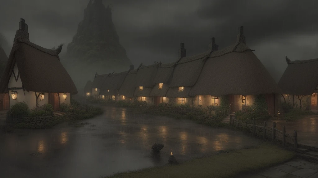 A small, quaint village on a rainy, overcast day. The sky is dark and gloomy, with a sense of melancholy in the air. In the center of the village, an elf-eared woman seeks shelter from the rain, sitting atop a thatched-roof building. The scene has a serene, atmospheric quality, with muted colors and a dreamlike, ethereal feel.