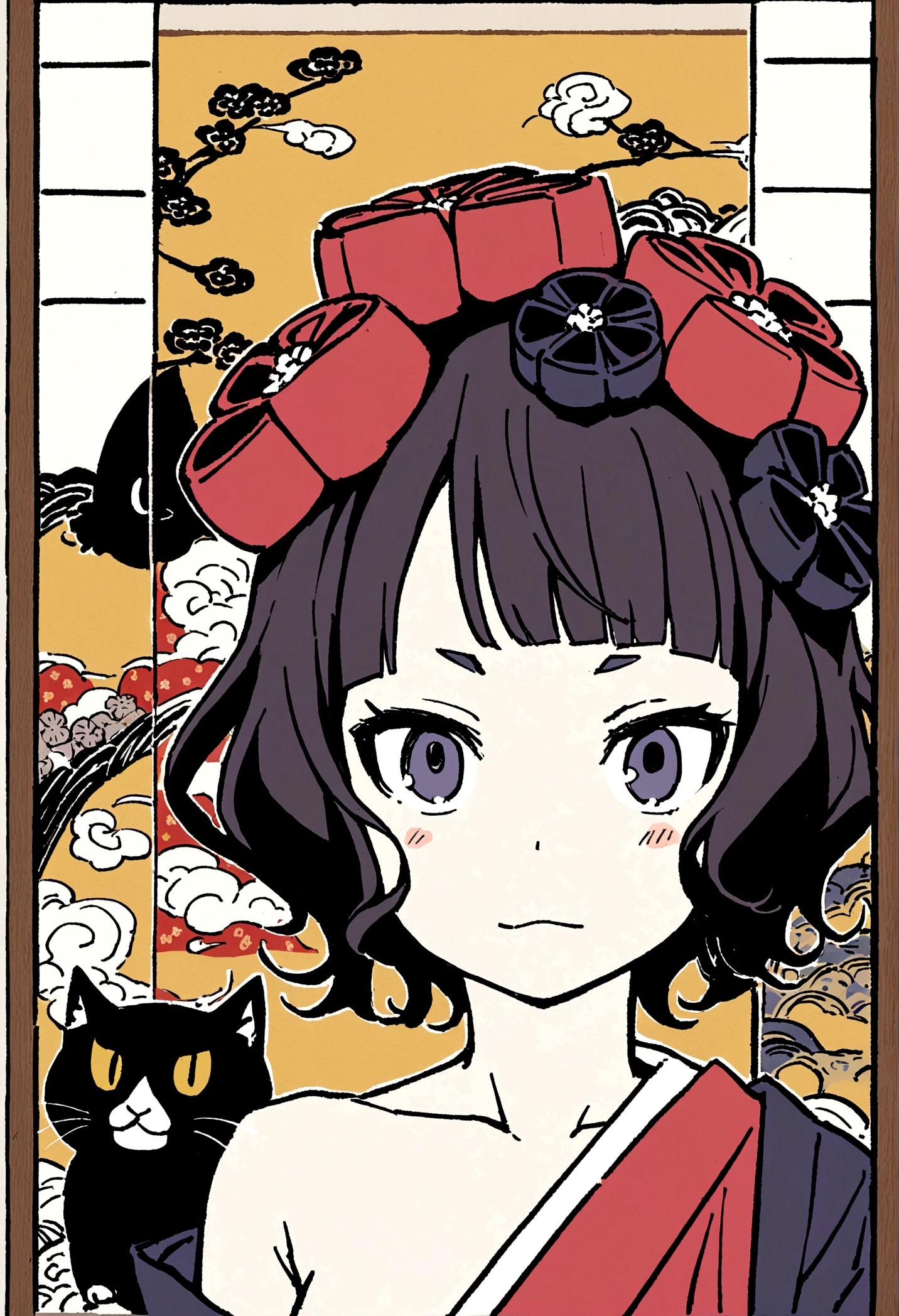 Anthropomorphic cat, bathing in a Goemon Buro, Oke, Japanese and cat screens in background, Katsushika Hokusai, Kuniyoshi Utagawa, delicate and detailed, Ukiyoe style, girl Sharp lines