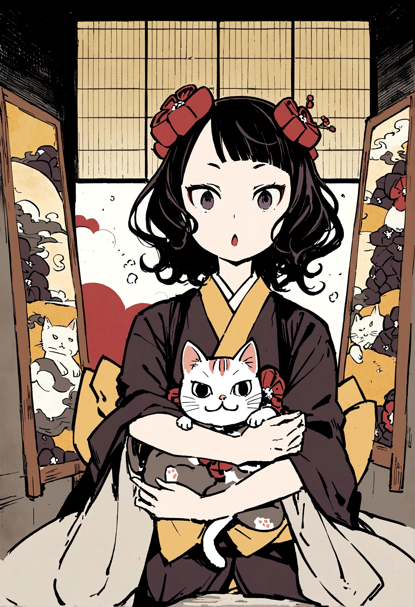 Anthropomorphic cat, bathing in a Goemon Buro, Oke, Japanese and cat screens in background, Katsushika Hokusai, Kuniyoshi Utagawa, delicate and detailed, Ukiyoe style, girl Sharp lines