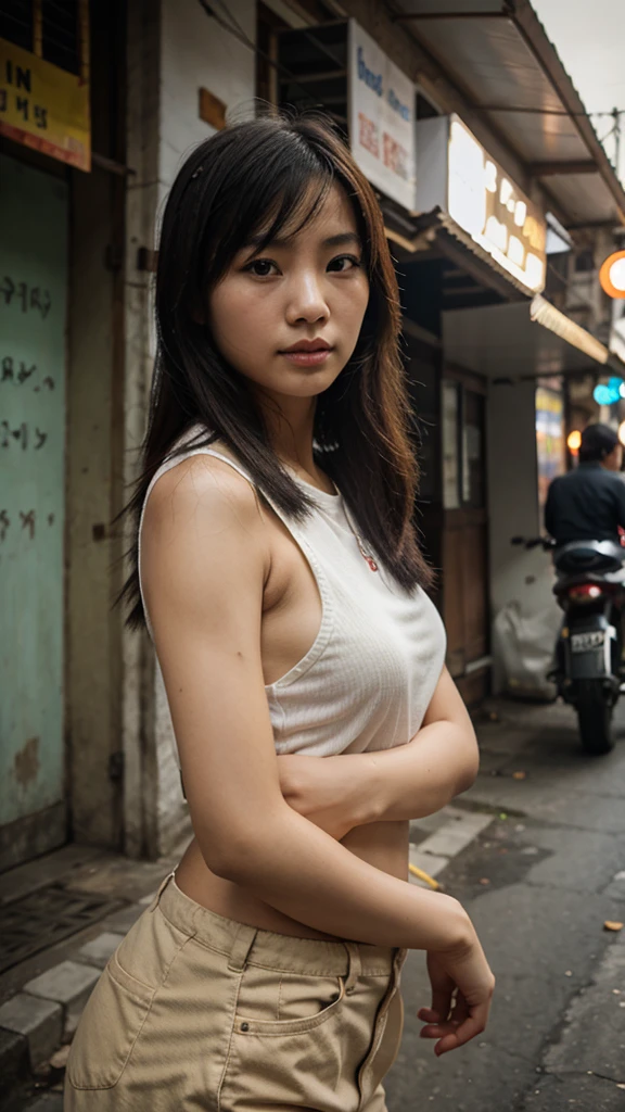 an Indonesian girl with short hair, wearing a white tank top, big breasts visible, wearing a checkered skirt, in the background of a busy narrow alley at night