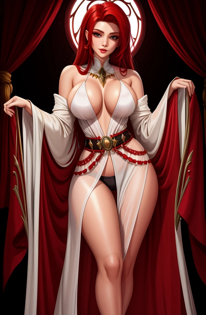 sorceress. sexy white robe, black panties, red hair, blank background