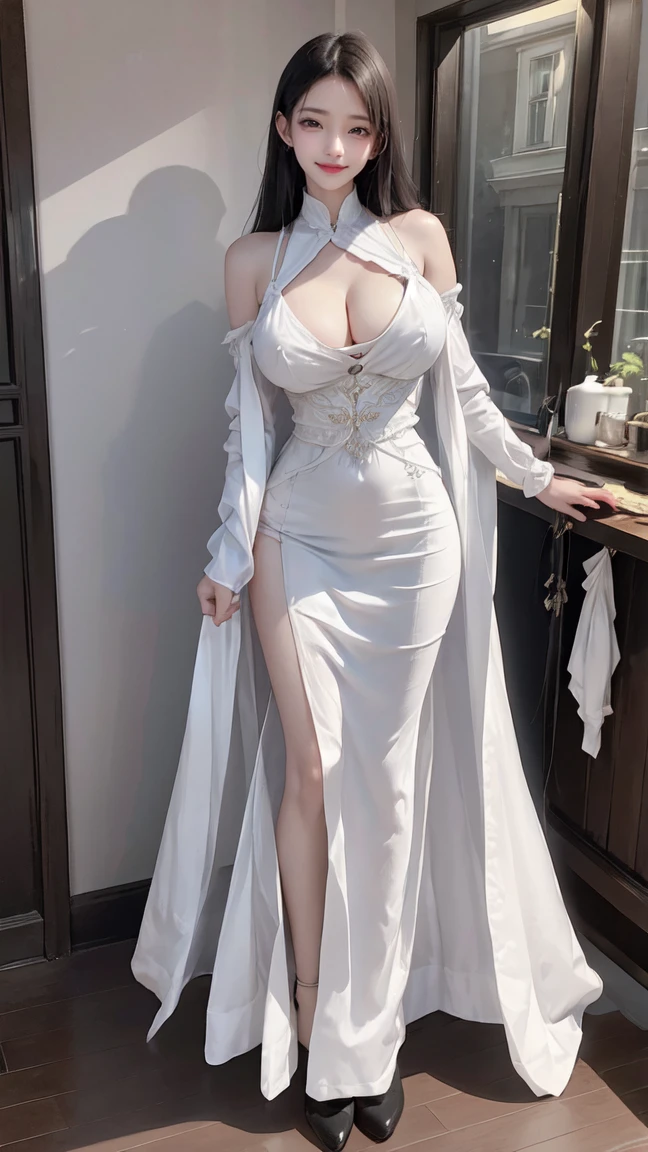 see through clothes(Full body female love:1.3)，best quality, masterpiece, ultra high resolution, (lifelike:1.4), original photo, 1 female,30 years old， black hair, big eyes, Detailed eyes and face,huge breasts，split，long legs，Belted robe open ，bare shoulder，no underwear:1.5,see through clothes，Hollow material white clothes，kitchen:1.3，Smile、sleeveless costume、((Maid clothes))、((She is carrying her  daughter))、Extremely revealing clothing