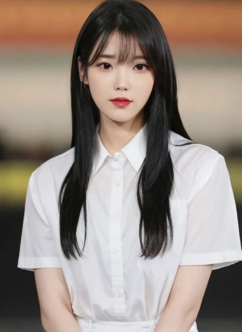 Highest quality, I, Lee Ji-eun, One girl, alone, Long Hair, View your viewers,  shirt, Black Hair,   white shirt,  Mouth closed , Blurred Background,  Iris, lips,   