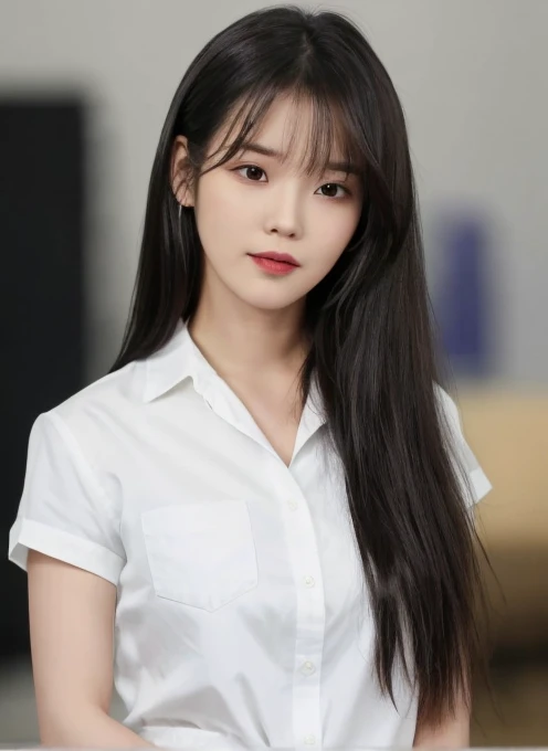 Highest quality, I, Lee Ji-eun, One girl, alone, Long Hair, View your viewers,  shirt, Black Hair,   white shirt,  Mouth closed , Blurred Background,  Iris, lips,   