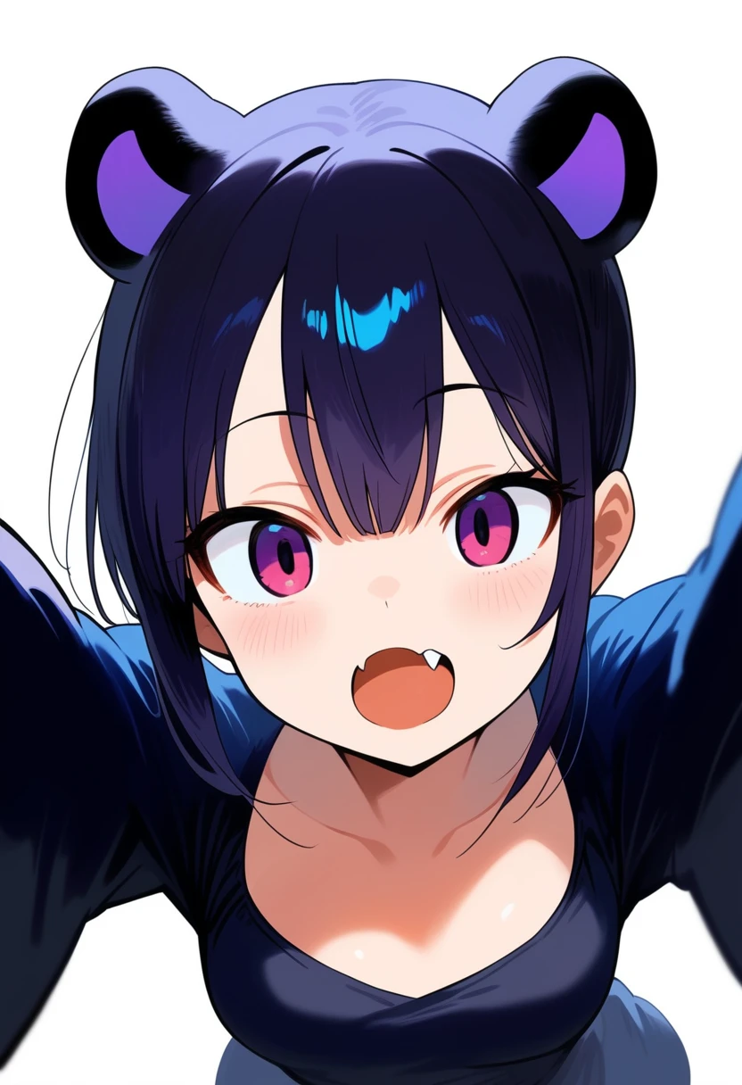 1girl, ultra high res ,open mouth, pov very close up to her face, Detailed face, fang, arms reaching to viewer, exposed tummu, medium chest