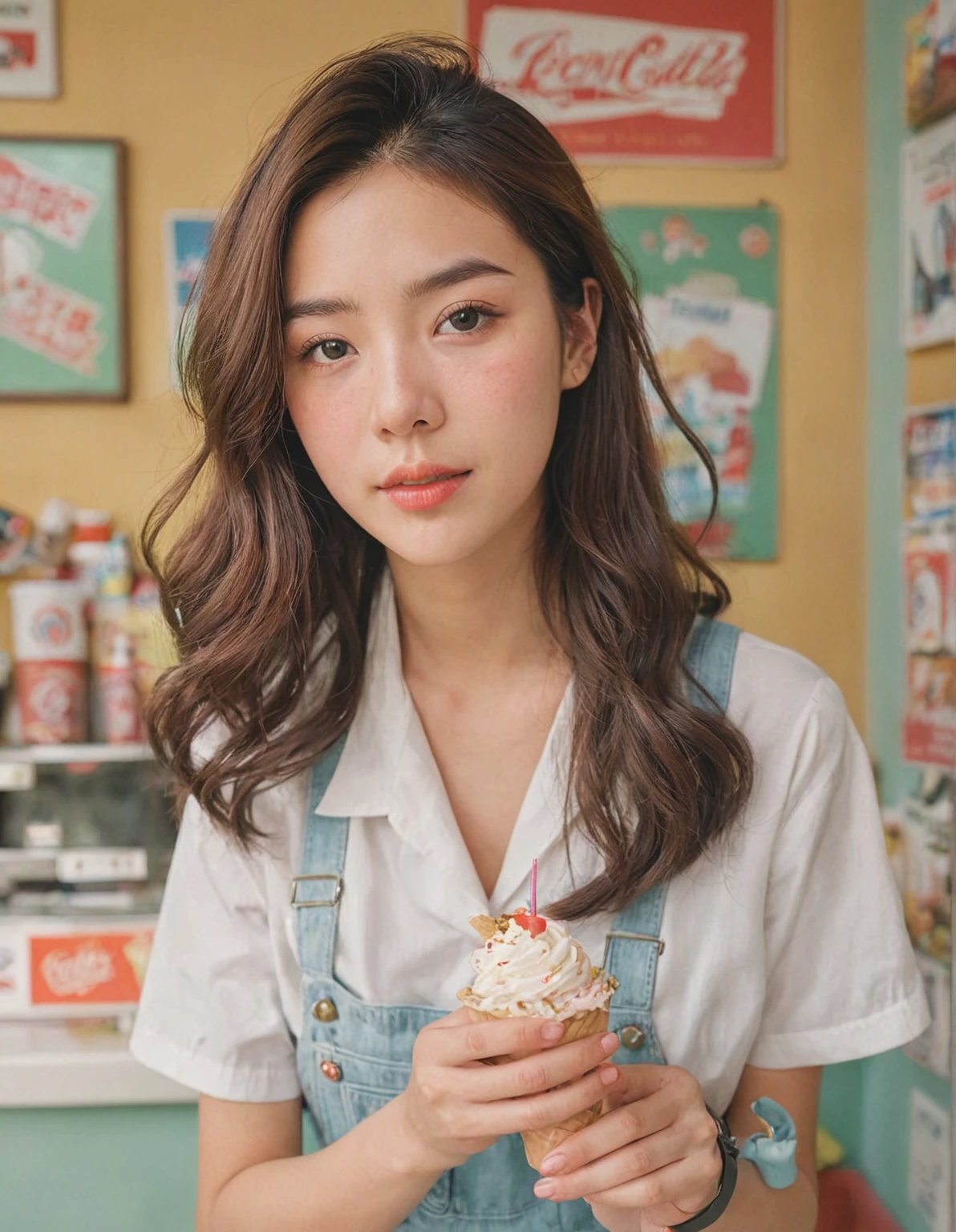 Portrait MagMix Girl look at camera, long hair, Overalls, Retro ice cream parlor with pastel-colored walls, a classic soda fountain counter, and vintage ice cream posters, bathed in warm sunlight, analog film photo, Kodachrome. japanese idol