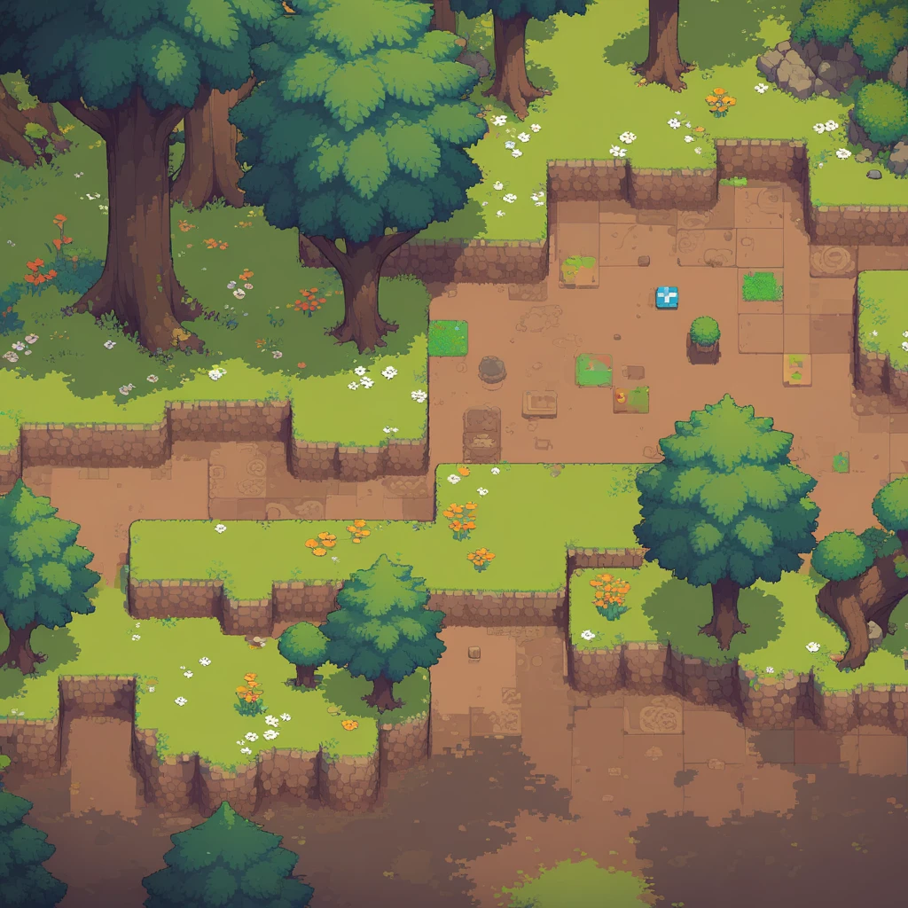 retro video game style,pixelated graphics,vibrant colors,8-bit characters,blocky shapes,sharp lines,detailed shading,classic gaming vibe,nostalgic atmosphere,classic arcade games,masterpiece:1.2,ultra-detailed,illustration style, 2d texture, clay texture, stone texture, 4 k seamless mud texture, video game texture, dirt texture, tileset, game tiles, clay material, flat texture, grass, trees, rock texture, rocky ground, forest, topdown view, game texture, game art, ground very detailed, dirt, floor texture, tileable texture, flowers, bushes, shrubs, intricate ground stone, top down view, 3/4th perspective