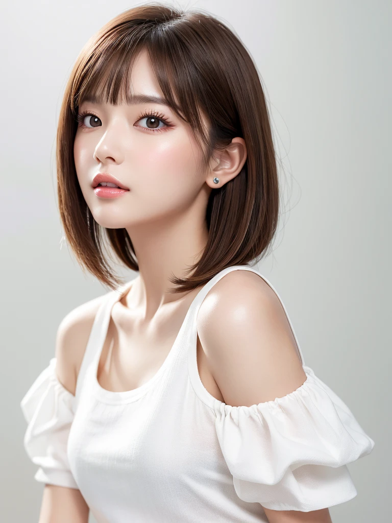 (Highest quality、Tabletop、8K、Best image quality、Award-winning works)、((profile:1.3))、ear、((short hair:1.1)),(Brown Hair)、(White casual summer clothes:1.2)、(The simplest pure white background:1.3)、(Perfectly fixed in front:1.1),(Portrait with space:1.3)、Beautiful and detailed、Perfect Makeup、Ultra-high definition beauty face、Ultra HD Hair、Ultra-high definition sparkling eyes、Ultra-high quality glossy lips、Accurate anatomy、Very beautiful skin、(Pure white skin shining in ultra-high resolution:1.1)、(Very bright:1.2),Big Natural Color Lip、Lip gloss,Harajuku、cute、cute美人、Twenty year old girl